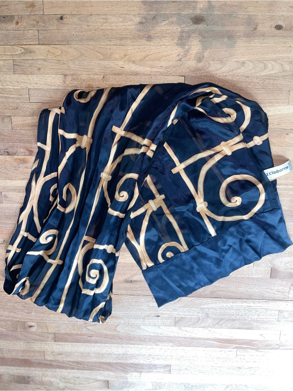 Liz Claiborne Vintage 90s 100% Silk Scarf with Gold Scroll Motif